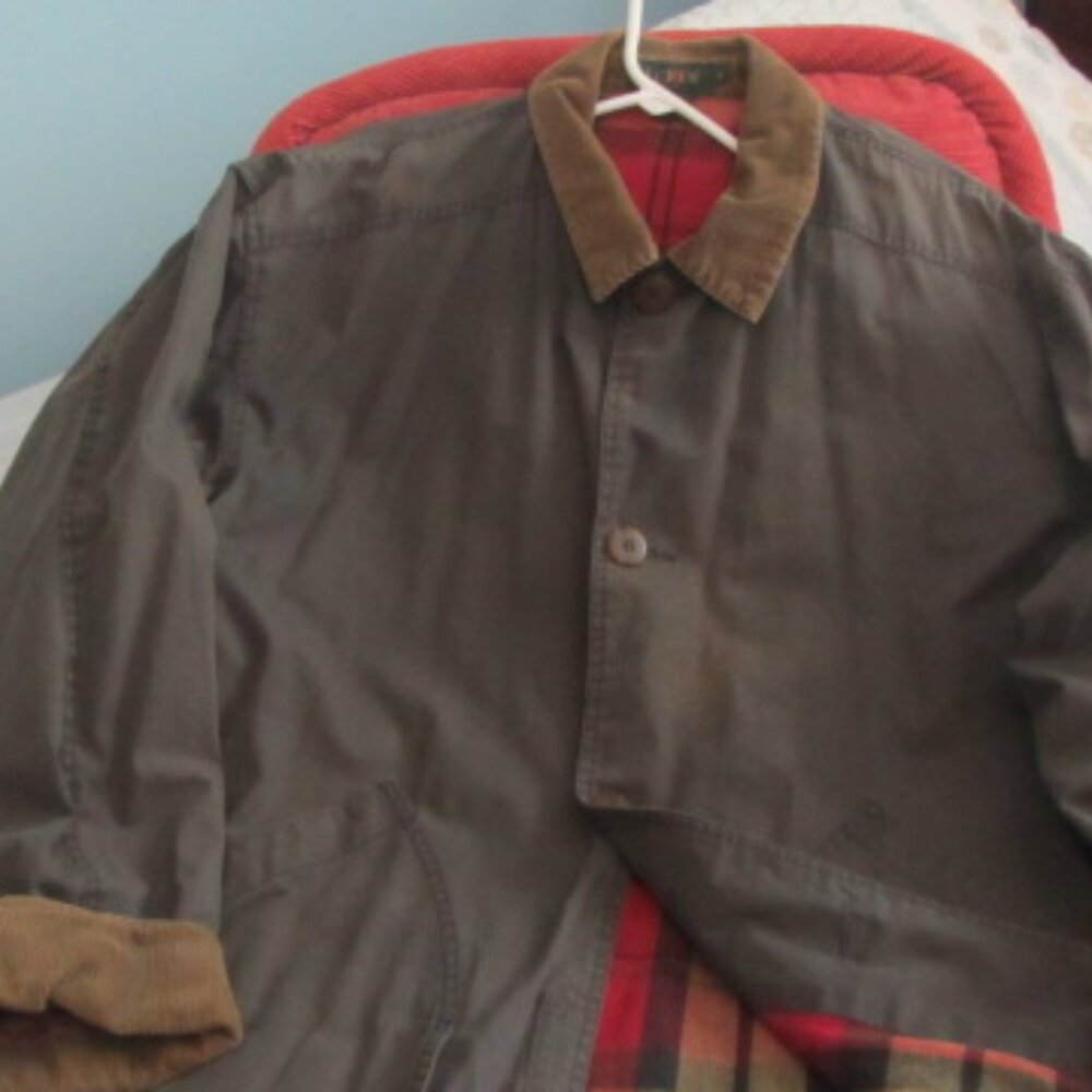 J Crew Barn coat charcoal plaid fleece lining size L corduroy collar and sleeves